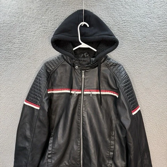 Hard Edge Jacket Adult XL Black Faux Leather Motorcycle Biker Hooded Moto Y2K - Picture 9 of 12